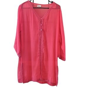 India Boutique Coral Pink Sheer  Coverup Versatile Swim Cover V-Neck M/L